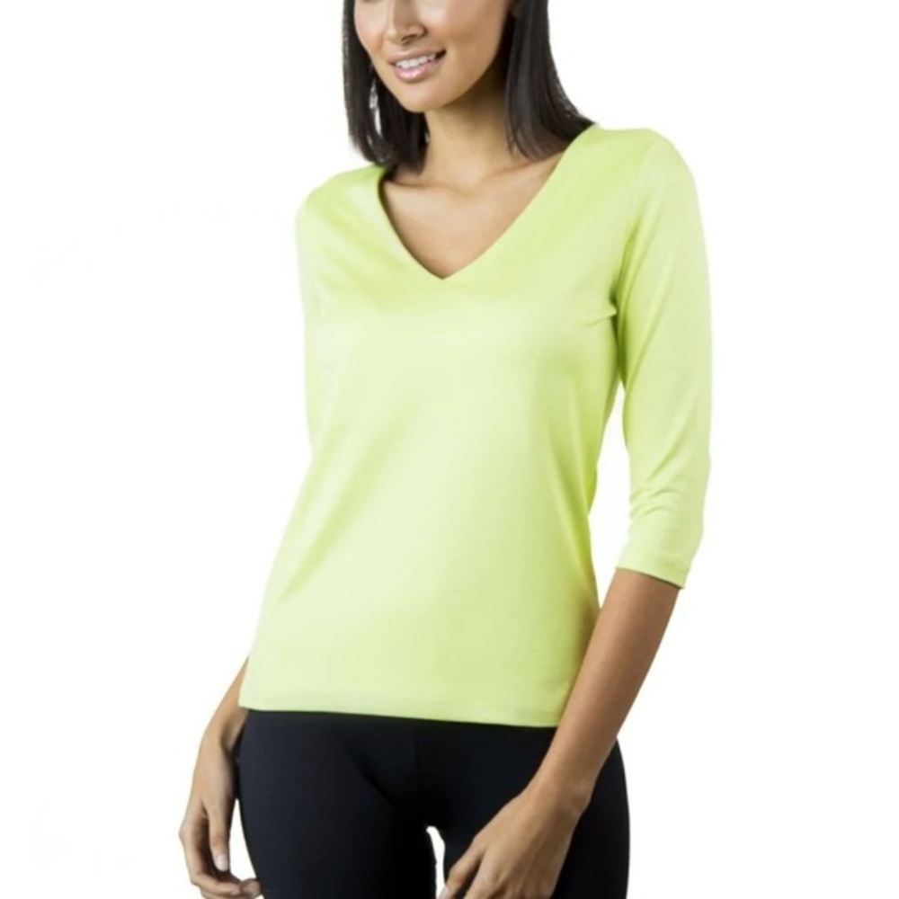 A’NUE LINGE V-Neck Kiwi Lime Green, 3/4 Sleeve Top EUC Sz Small Ret $100